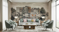 Canal Harmony wallpaper mural of sepia Amsterdam canal houses and boats behind a gray sofa and sage armchairs in a living room
