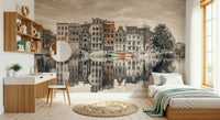 Canal Harmony wallpaper mural of a calm canal and boats behind a white desk and single bed in a teen's room