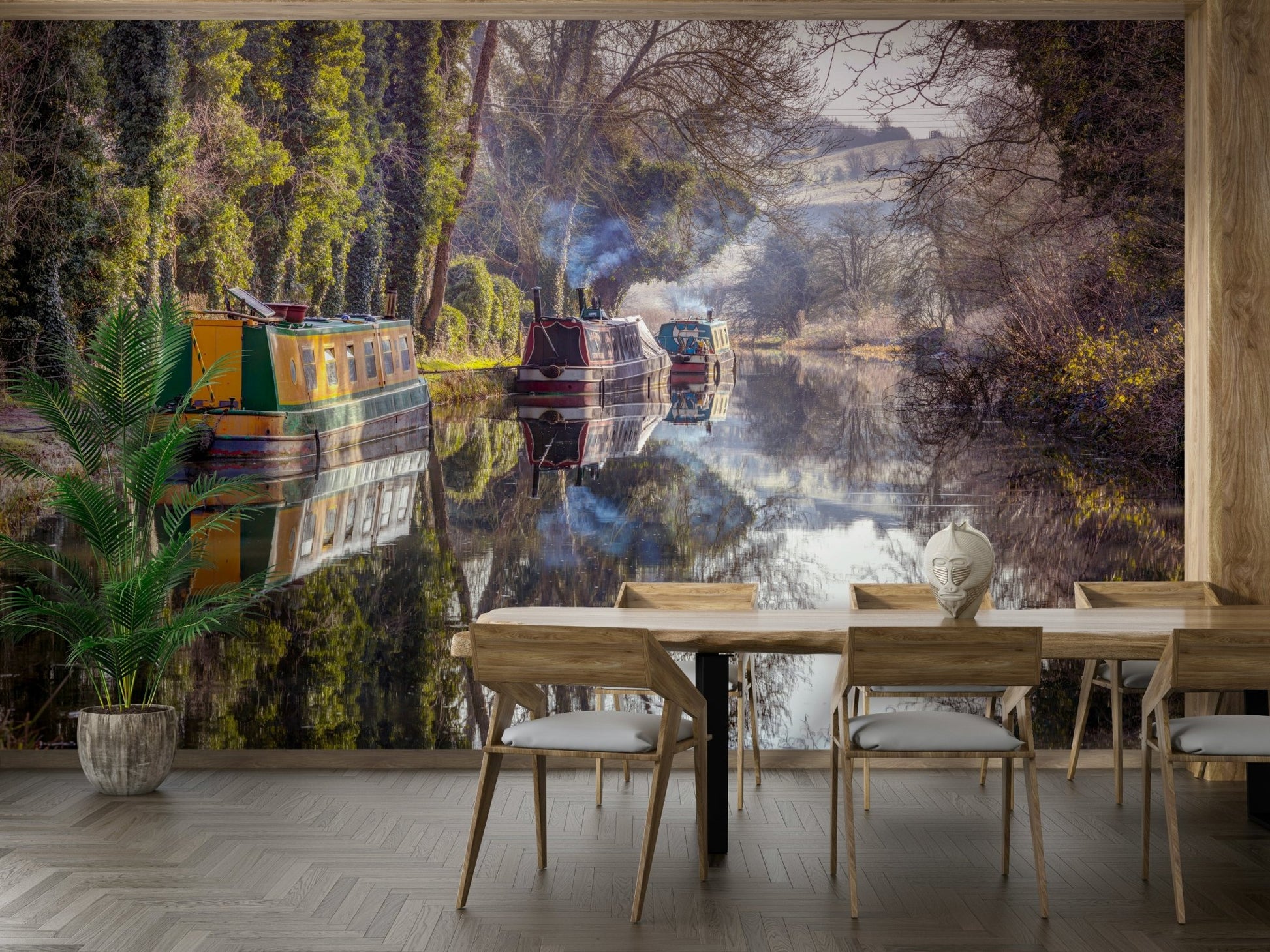 Lush green trees along the bank.

