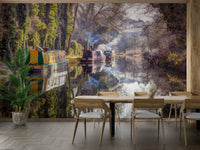 Lush green trees along the bank.

