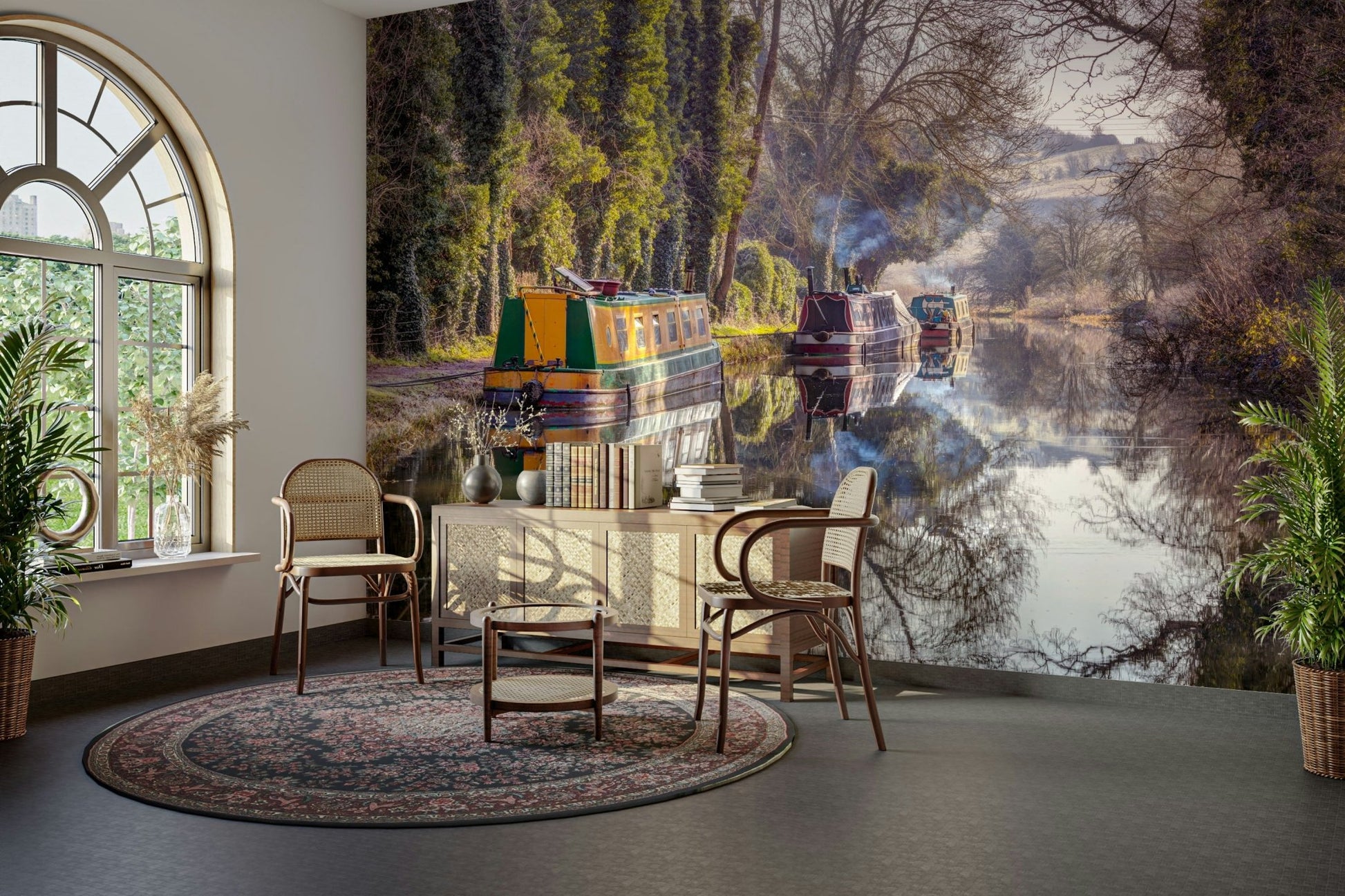 Reflections of trees and boats in water.


