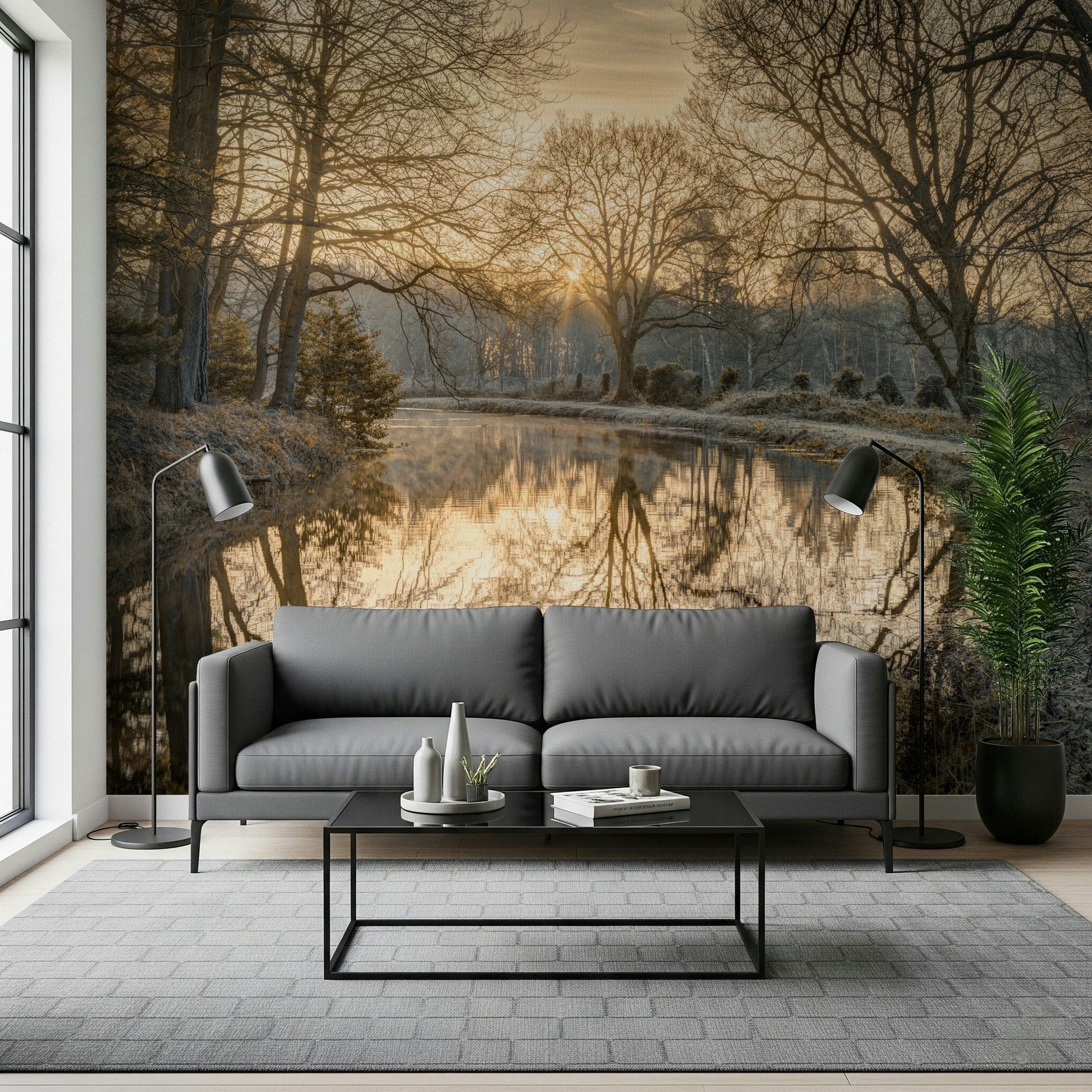 Misty morning landscape print, Canal Sunrise unique wallpaper.