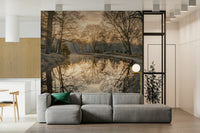 Canal Sunrise wallpaper, frosted grass, mirror surface water.