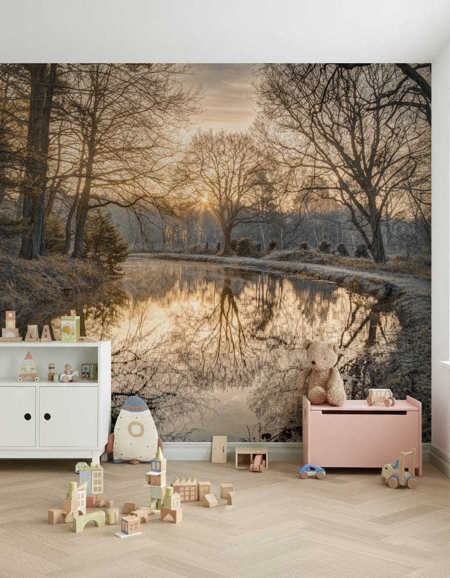 Bare trees over calm water, Canal Sunrise wall covering.
