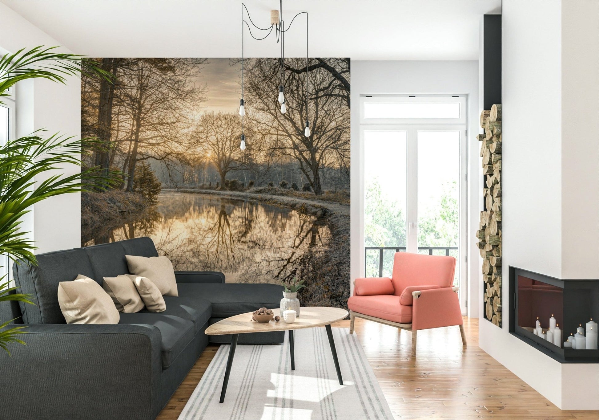 Canal Sunrise mural art, peaceful, reflective landscape design.