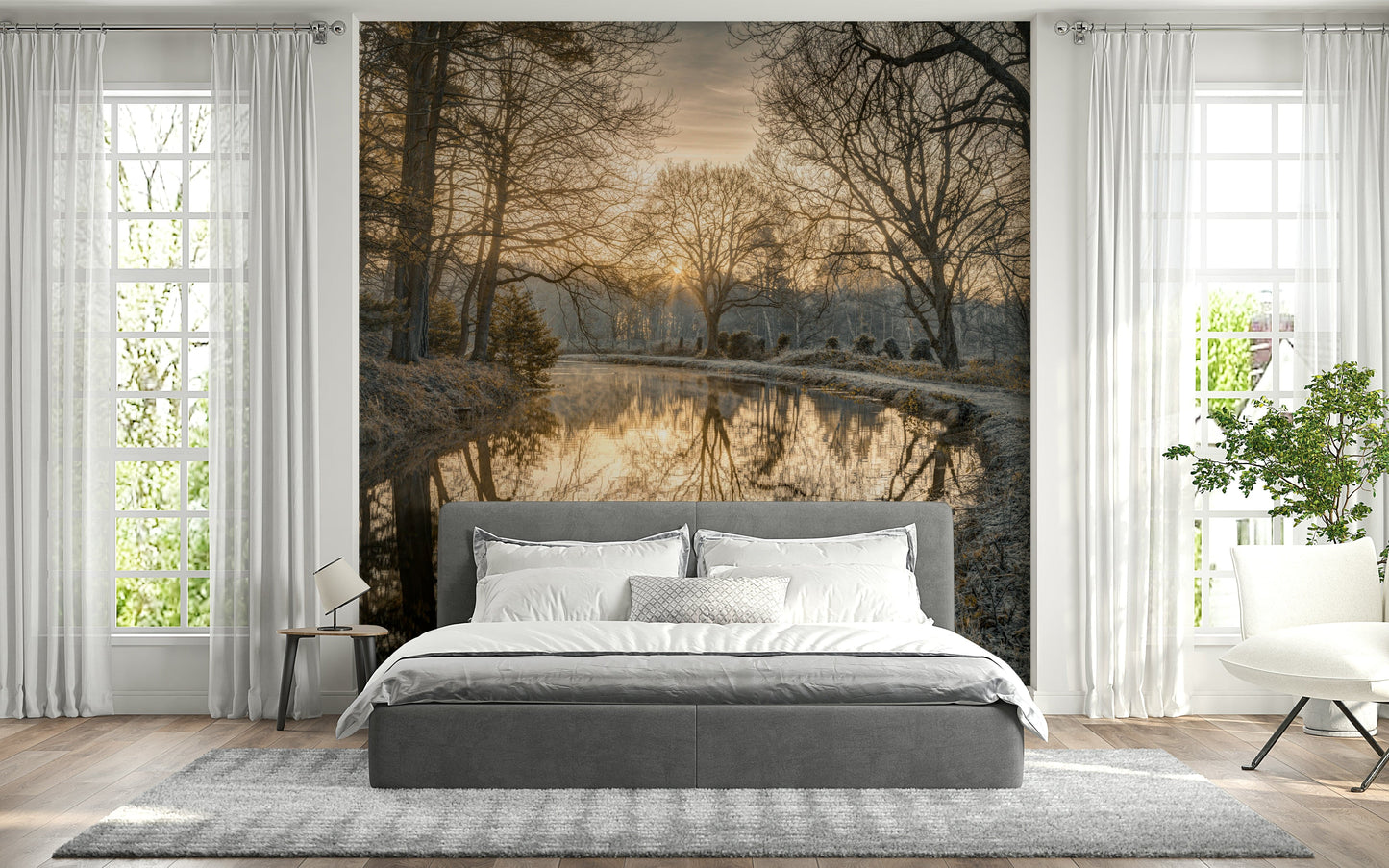 Nature inspired Canal Sunrise scenic wallpaper, perfect decor.