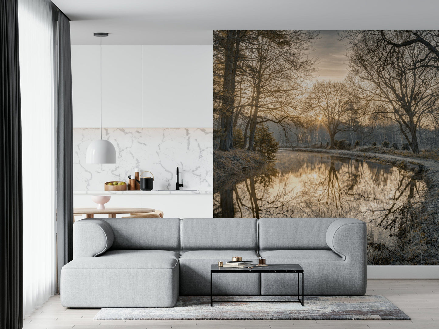 Frosty scene Canal Sunrise wall mural, golden morning light.