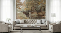 Home office wall with canal mural, modern decor in blue, beige and grey