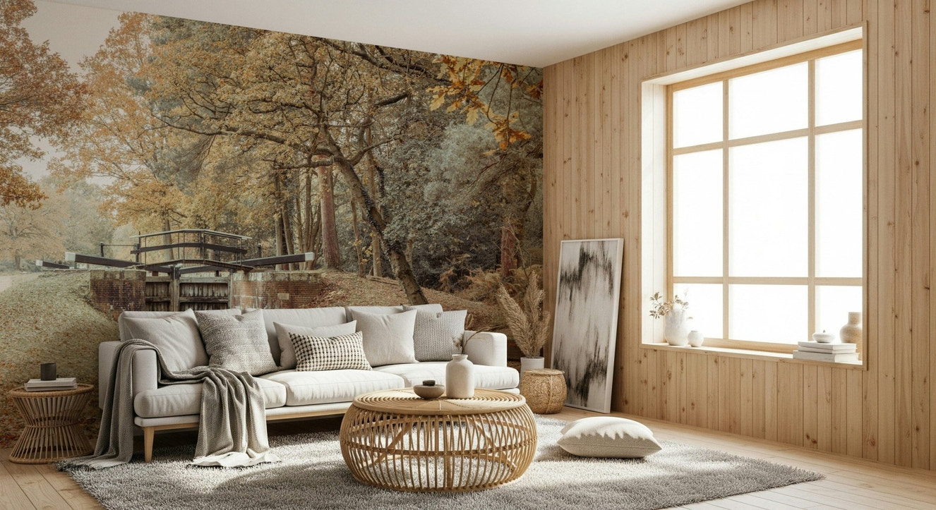 Canal's Embrace Wall Mural in modern living room, soft blue canal scene