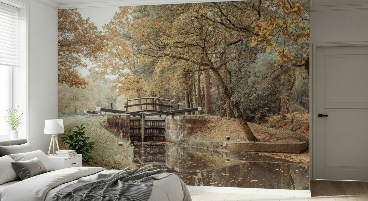 Bedroom feature wall with canal mural, calm waterway art in muted colors