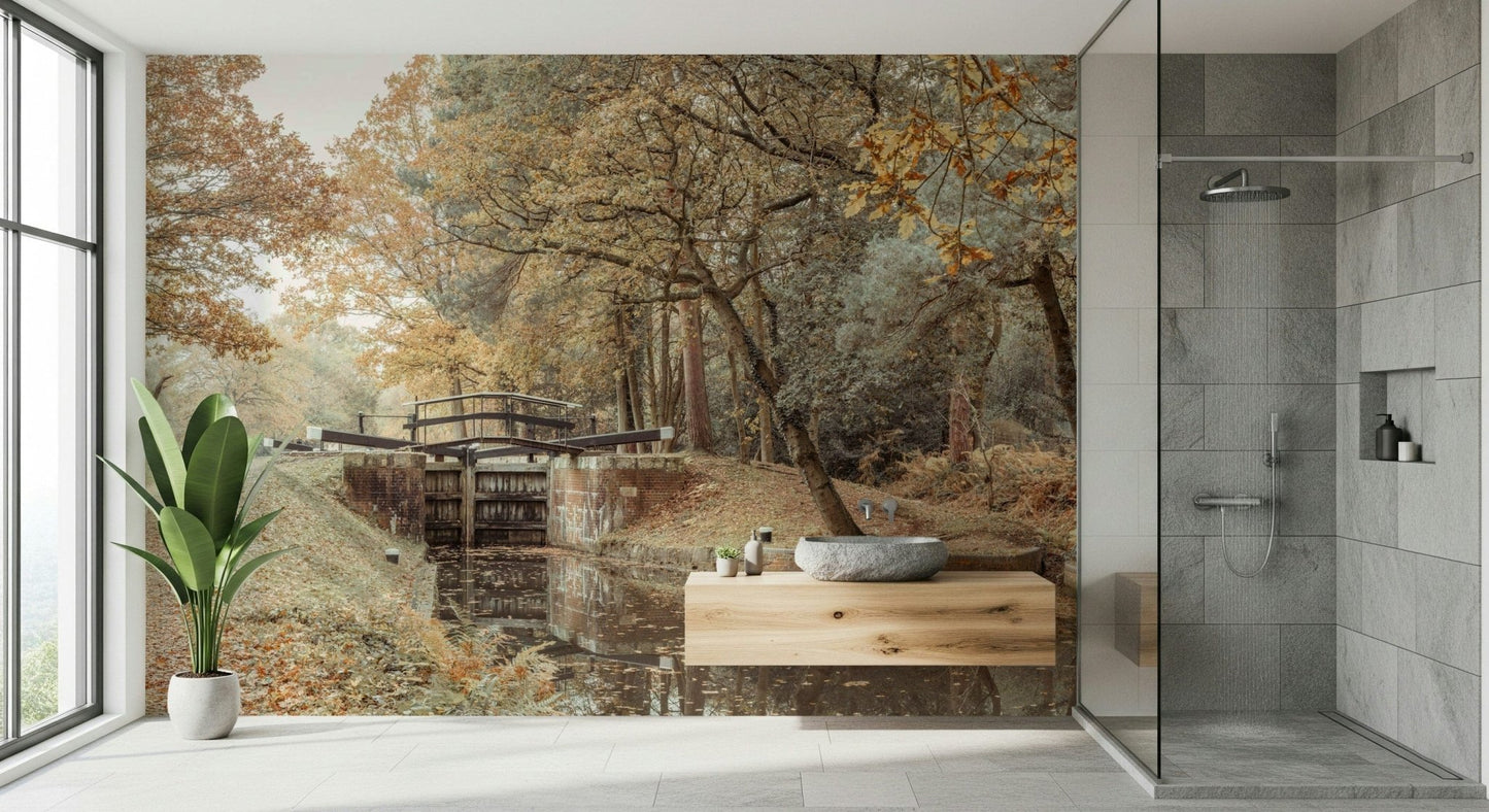 Serene canal wall mural behind sofa, modern apartment wall decor in blue tones