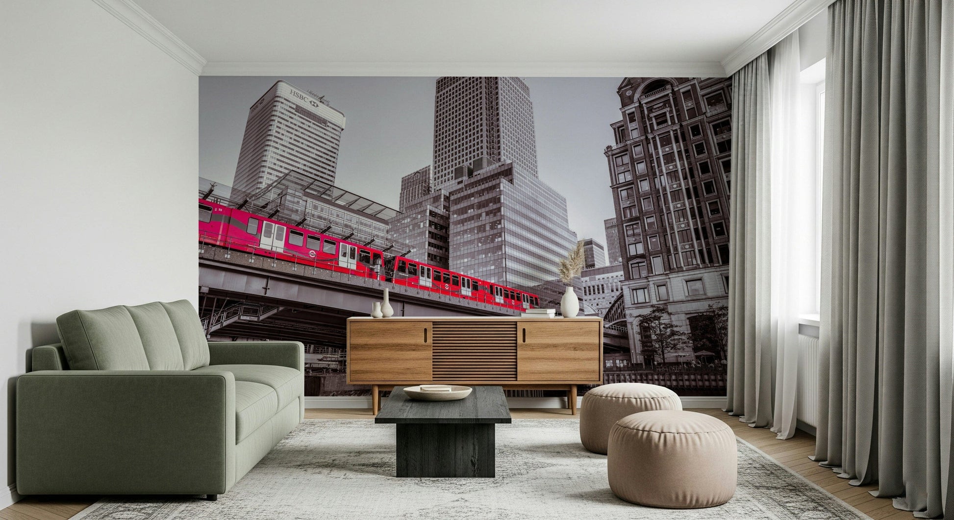 Red train crossing Canary Wharf, London bridge, dynamic cityscape print.