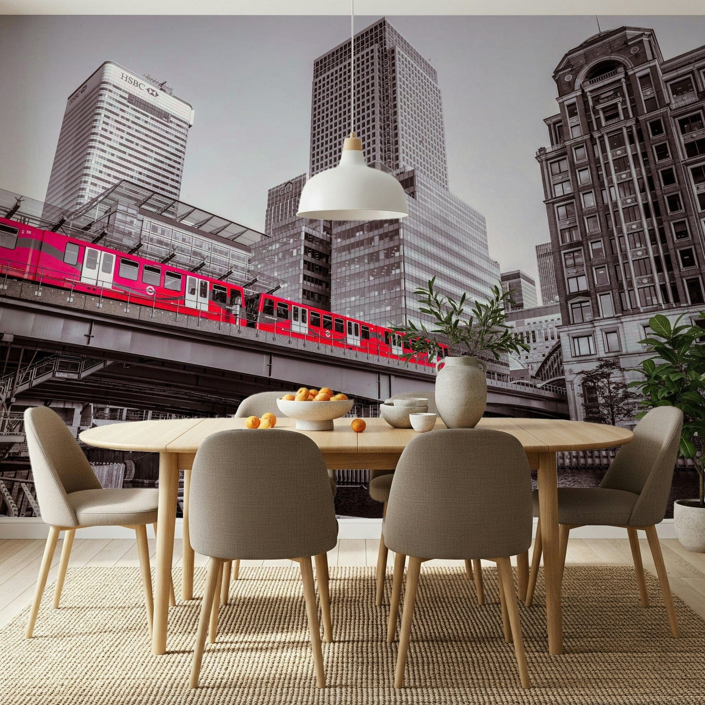 Dramatic Canary Wharf, London contrast photograph, riverside perspective mural.