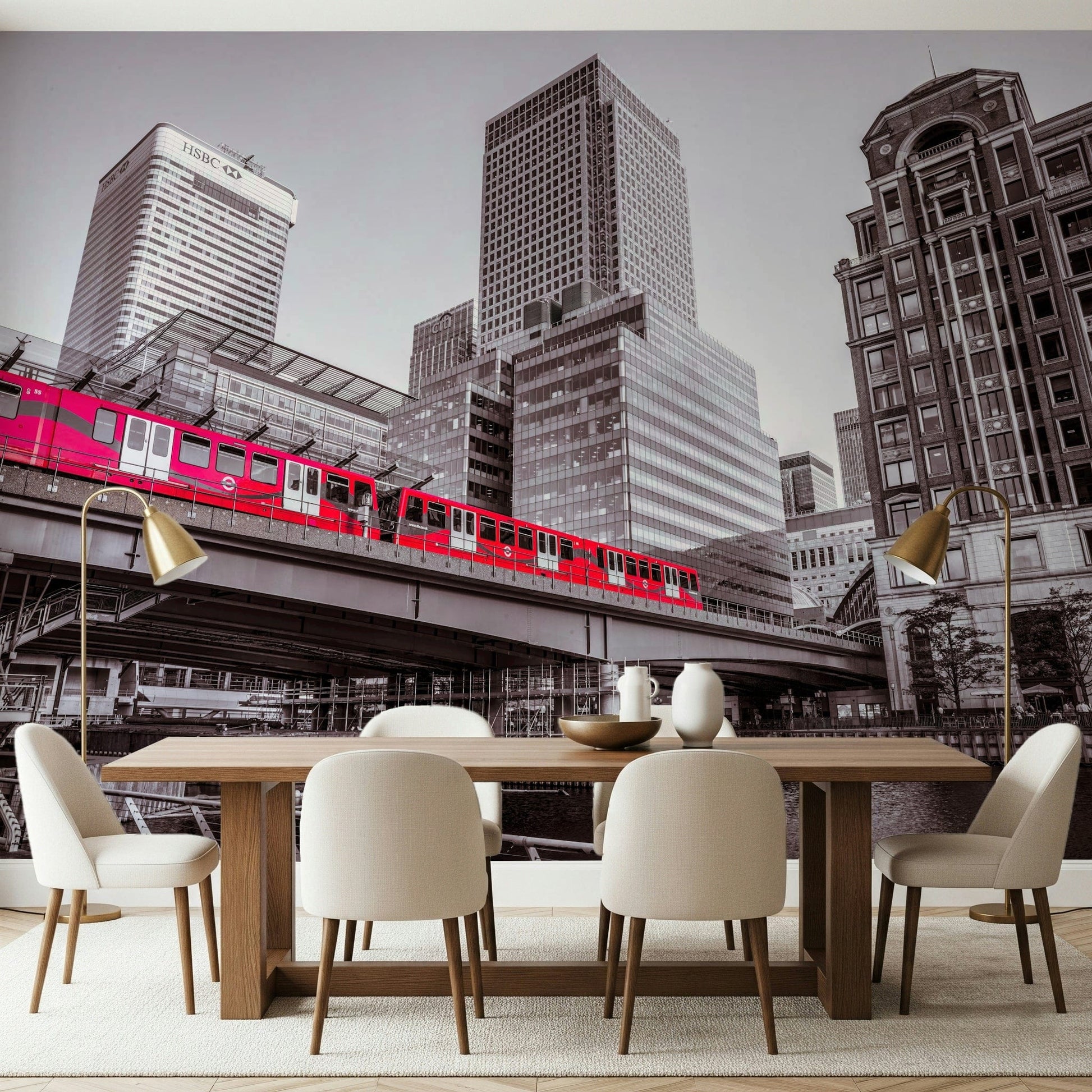 Canary Wharf, London high-rise buildings wallpaper for walls, office feature.