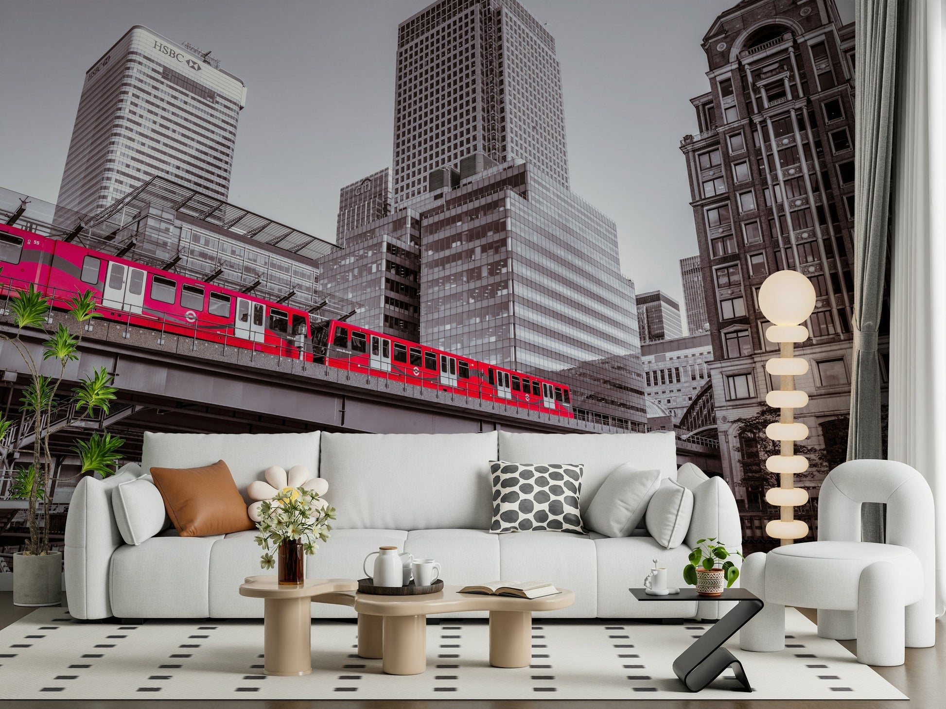 Modern Canary Wharf, London docklands scene wallpaper, monochrome focus.