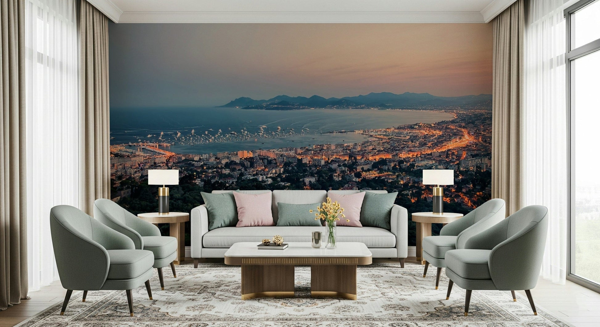 Scenic Bay of Cannes wall mural highlighting clouds, shoreline, and natural light