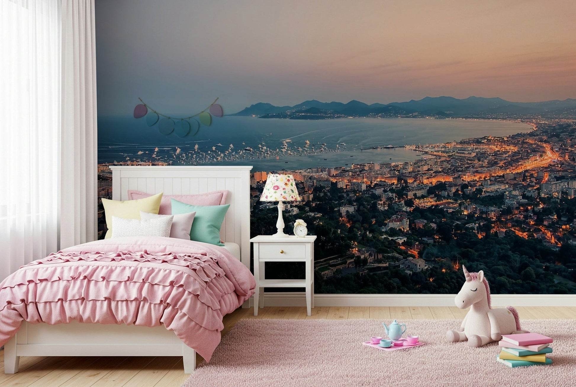 Coastal Bay of Cannes mural featuring soft clouds, blue sky, and natural scenery