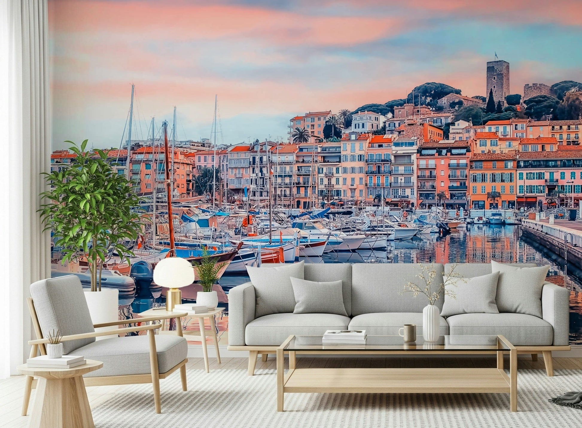 European coastal city wall mural inspired by Cannes scenery