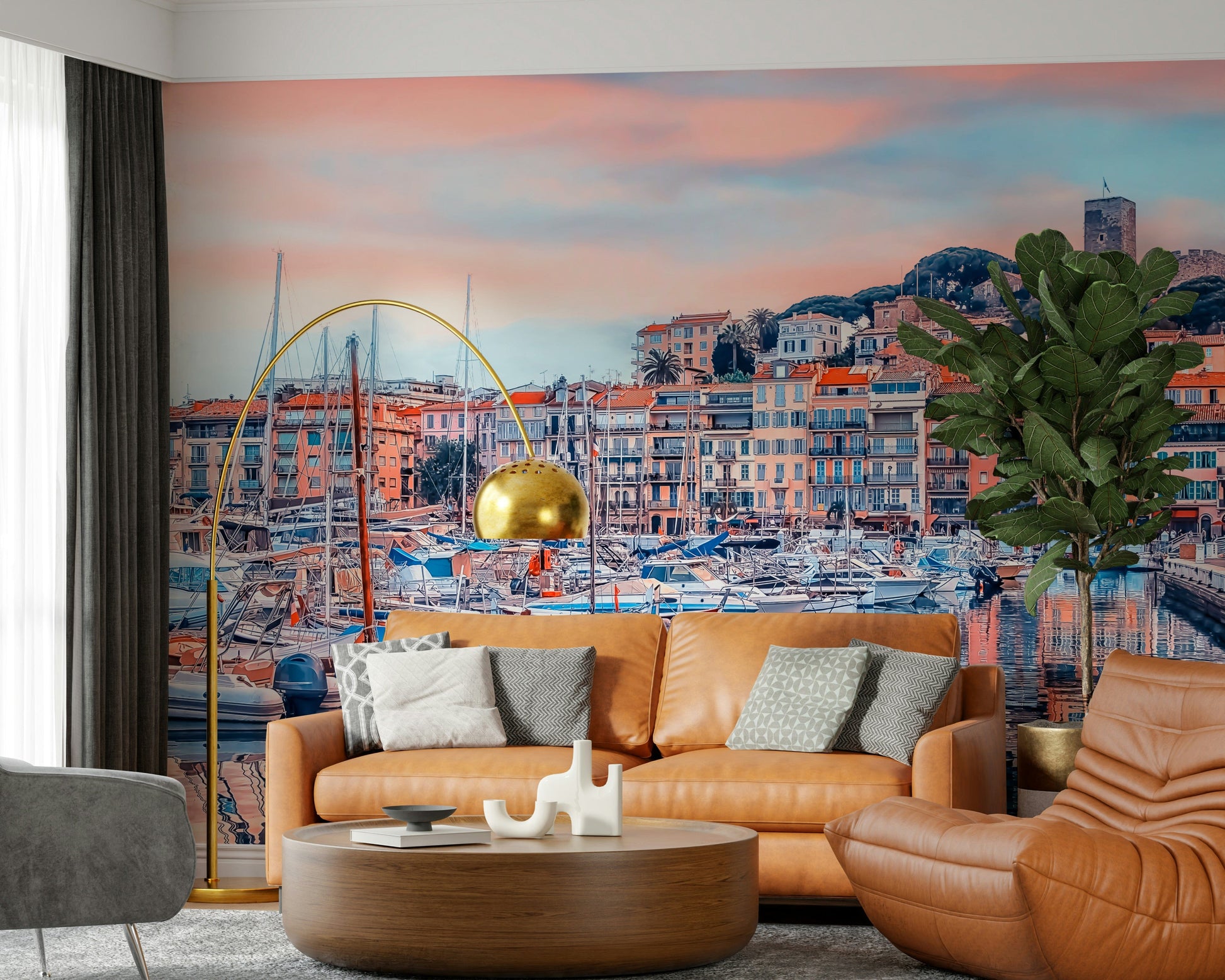 Artistic wall mural featuring Cannes harbor and coastal skyline