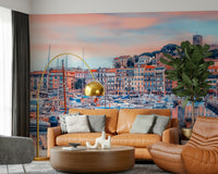 Artistic wall mural featuring Cannes harbor and coastal skyline