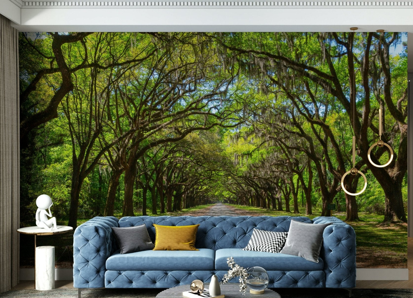 Shaded forest path wallpaper design

