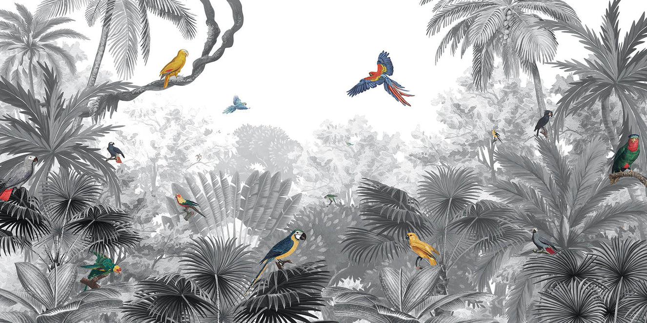 Monochrome Tropical Jungle Birds Wallpaper