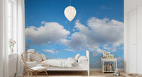 Serene blue Calm sky wall mural with fluffy white cloud for bedroom.