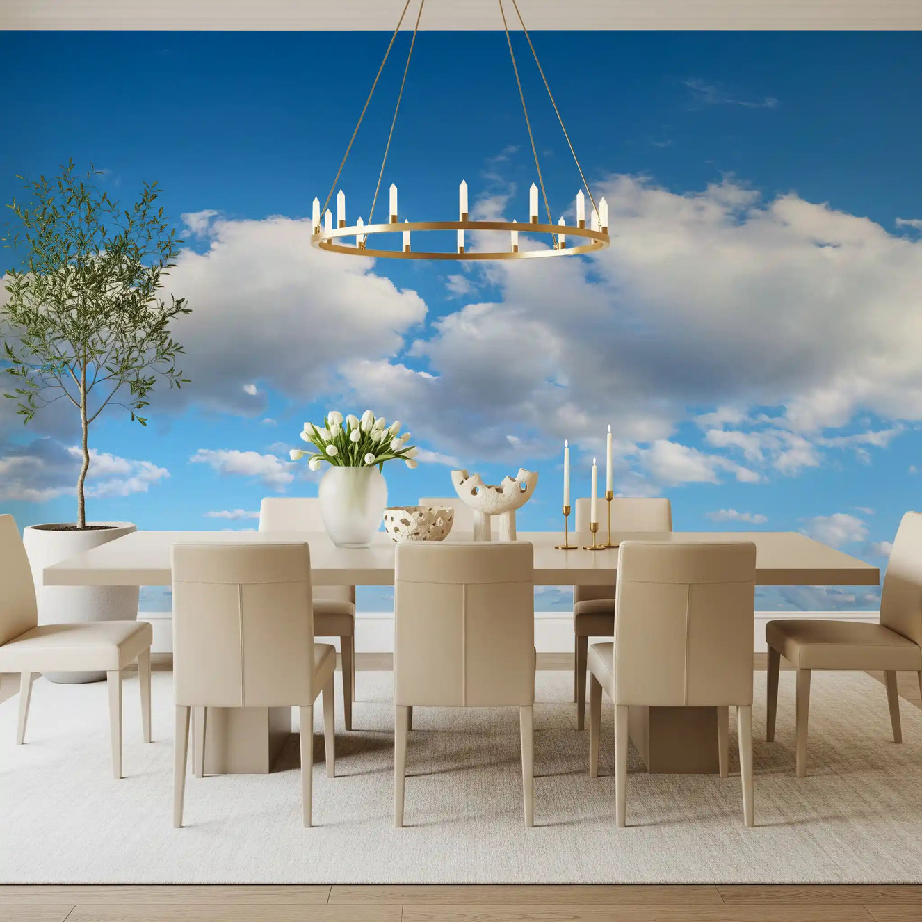 Canvas of Calm Skies Wall Mural for dining room featuring soft white clouds on blue