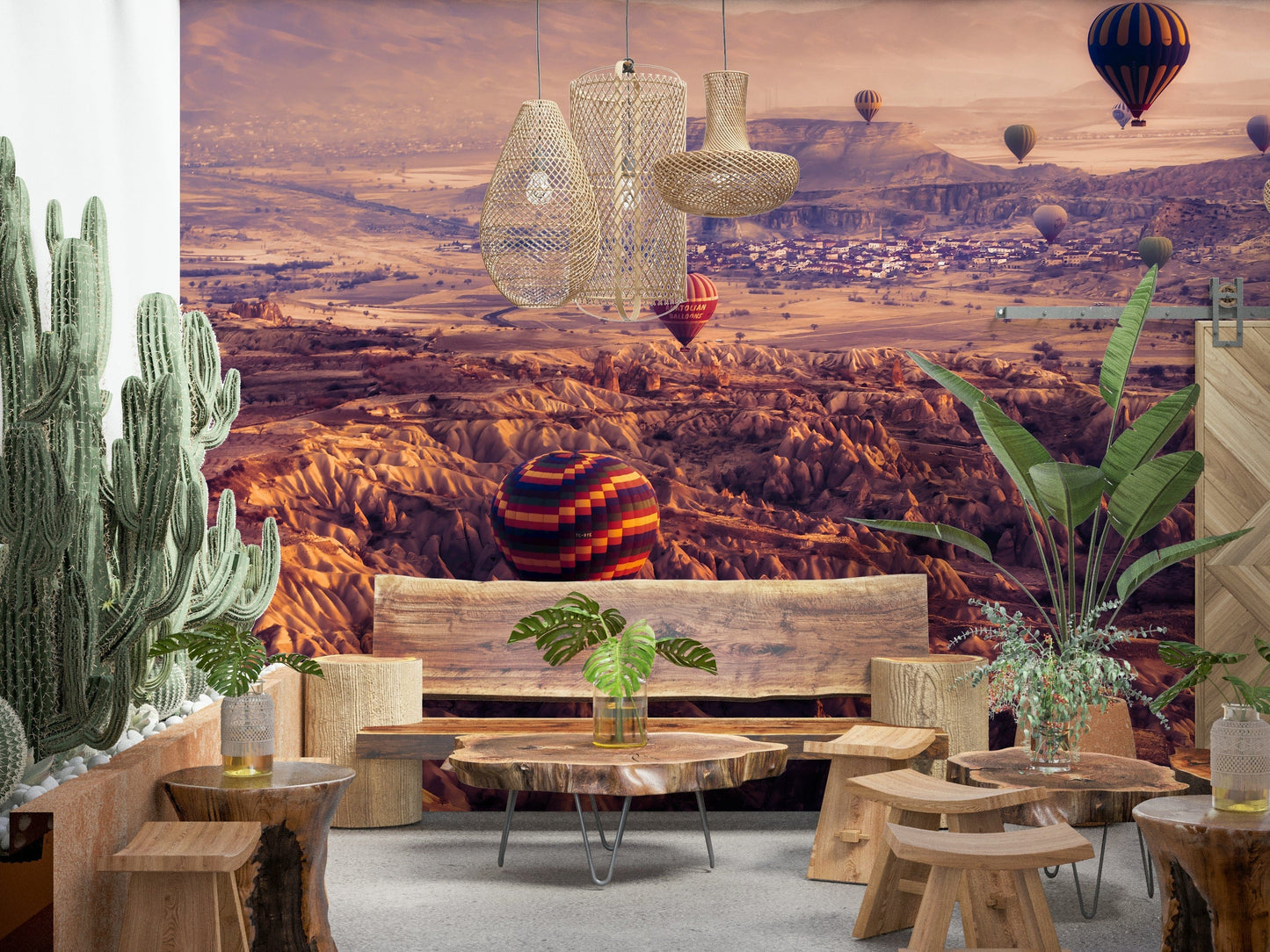Valley and Balloon Scene Wall Mural – Scenic mural with iconic Cappadocia landscape and floating balloons at dawn.