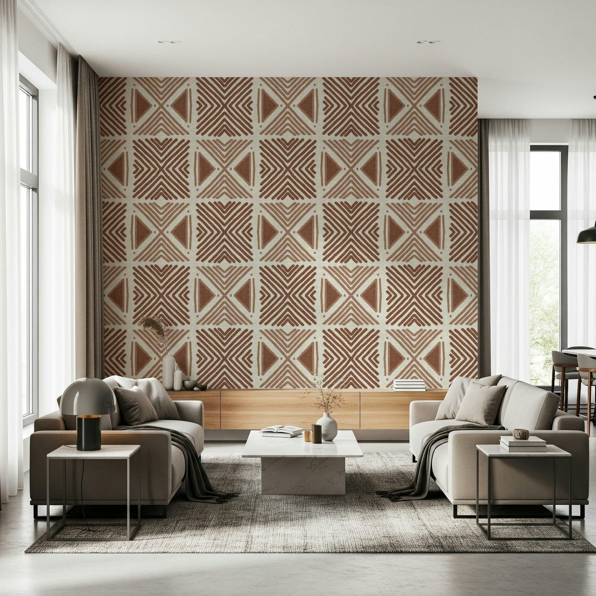 Hand-drawn effect terracotta wallpaper Tribal Cappuccino print.