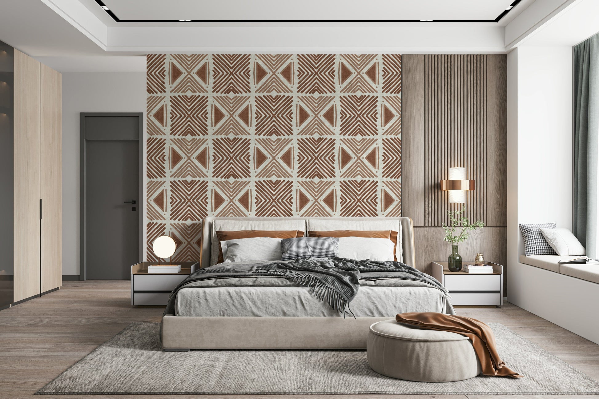 Abstract ochre patterned wallpaper Tribal Cappuccino Motif.