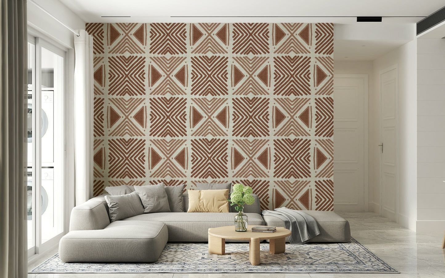 Earthy tone wall mural, global inspired ethnic geometric motif.
