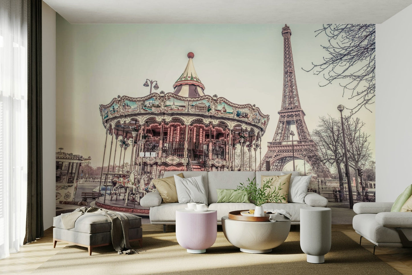 Carousel and Eiffel Tower Wall Mural with vintage carousel.

