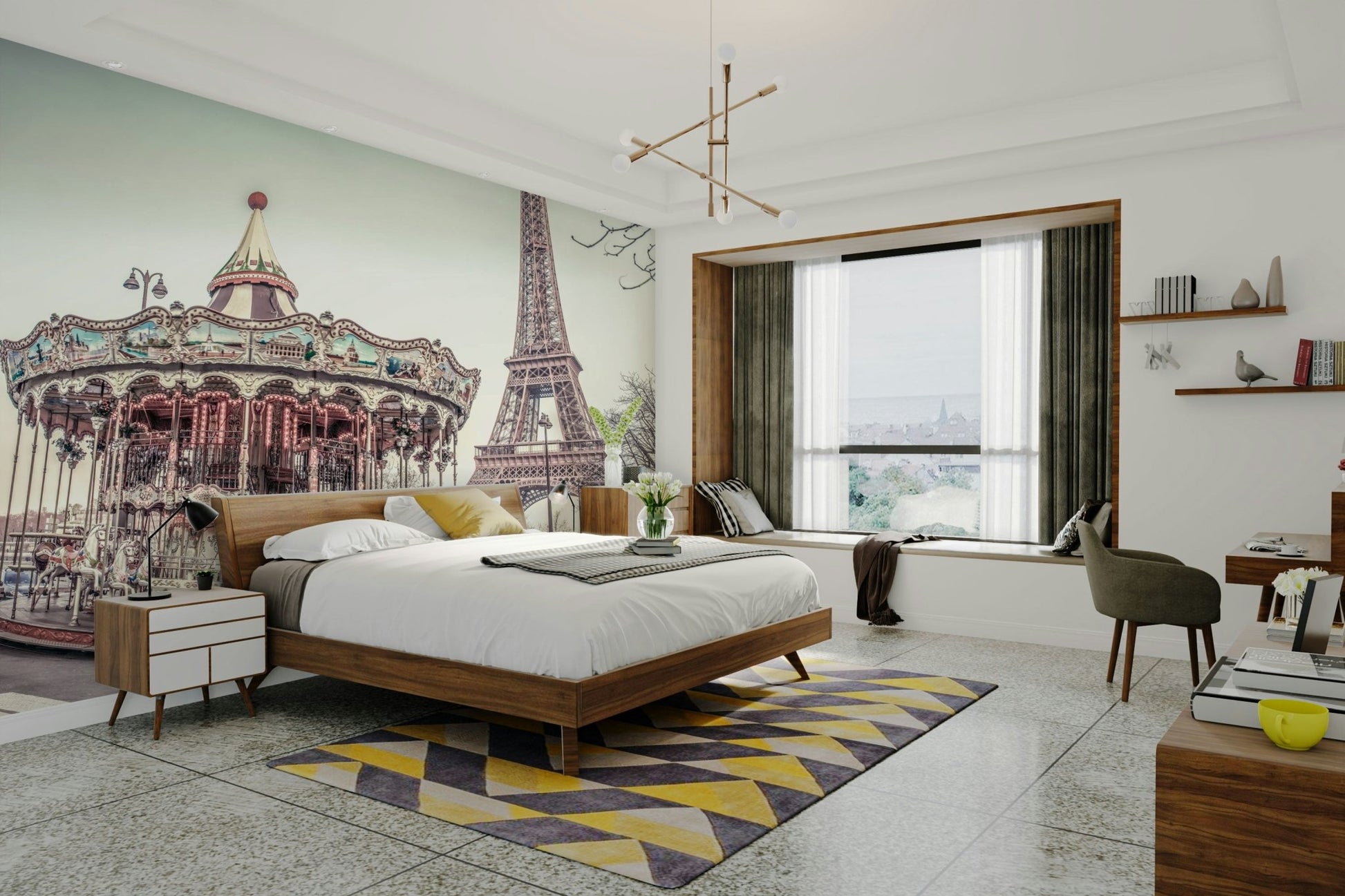 Vintage carousel and Eiffel Tower mural for a magical space.

