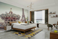 Vintage carousel and Eiffel Tower mural for a magical space.

