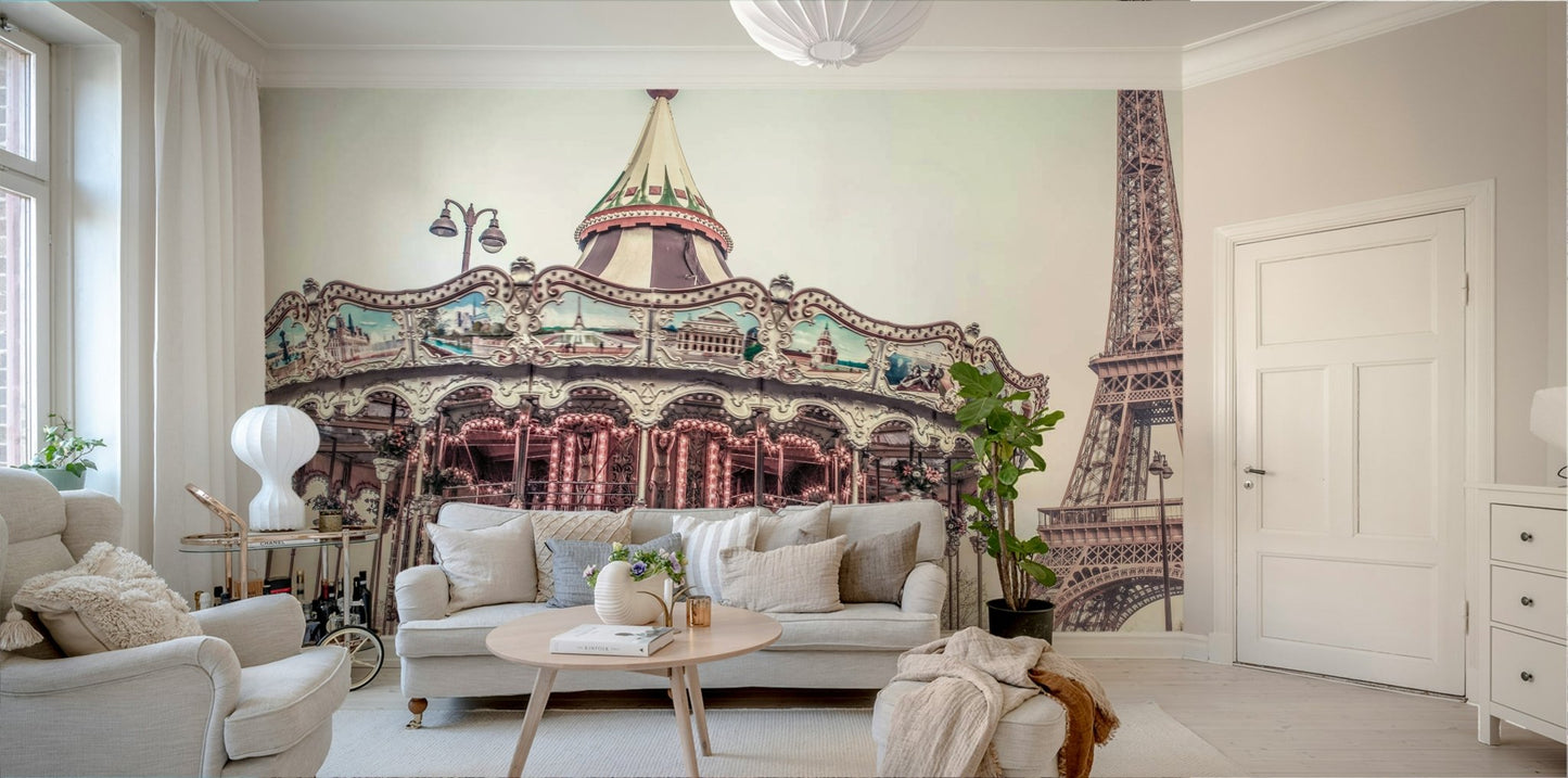 Beautiful carousel and Eiffel Tower scene for wall decor.

