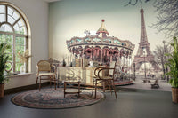 Parisian-inspired wall mural with carousel and Eiffel Tower.

