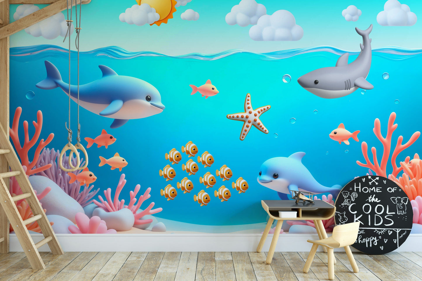 Aquatic Cartoon Adventure wallpaper mural with dolphins, shark and coral in a kids room with a play table