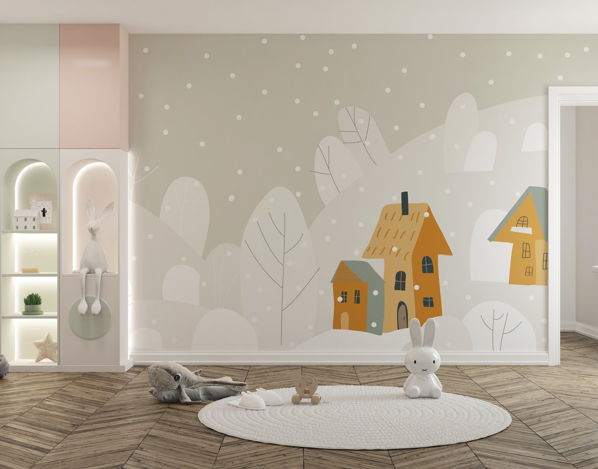 Whimsical snowy landscape mural design