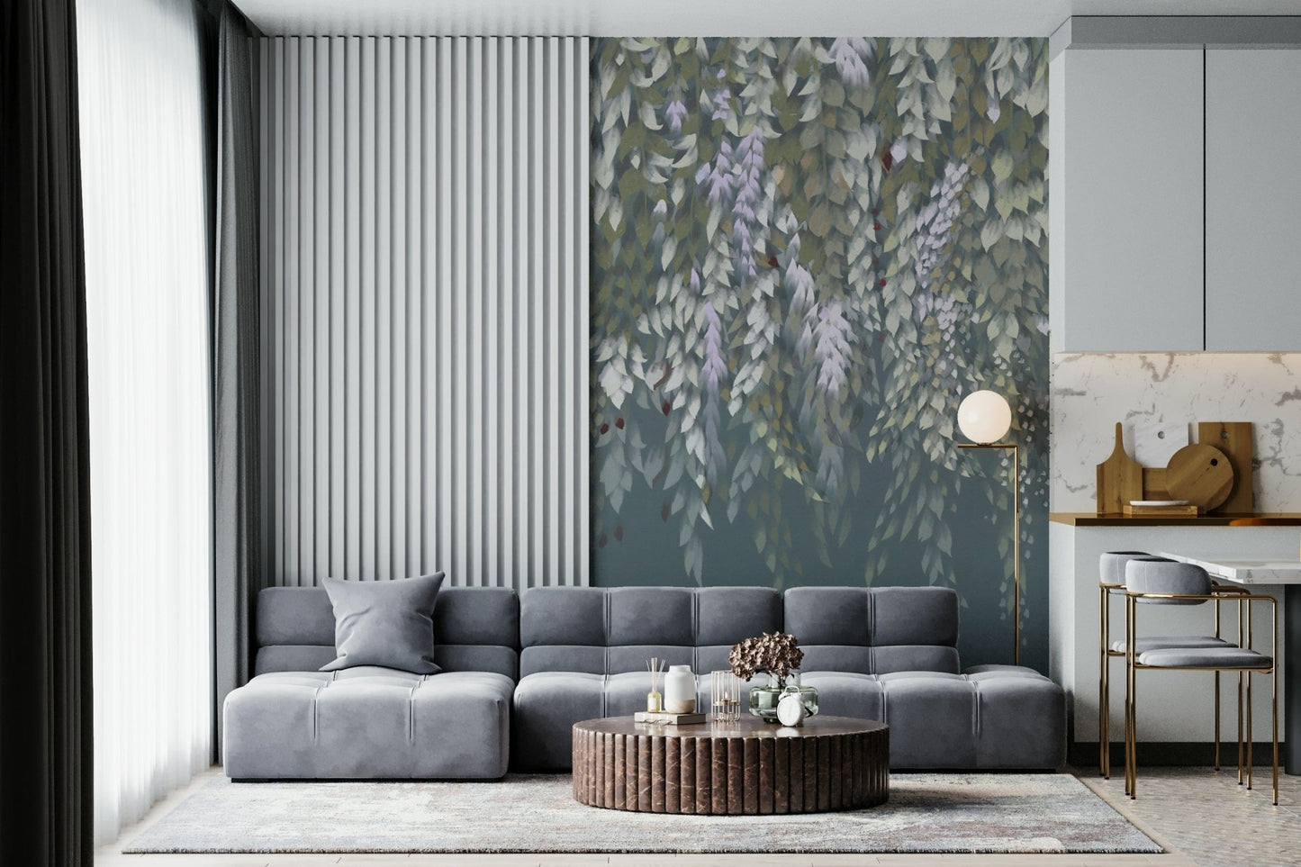 Cascading Wisteria Dream wall mural of green leaves and lilac blooms behind a grey modular sofa