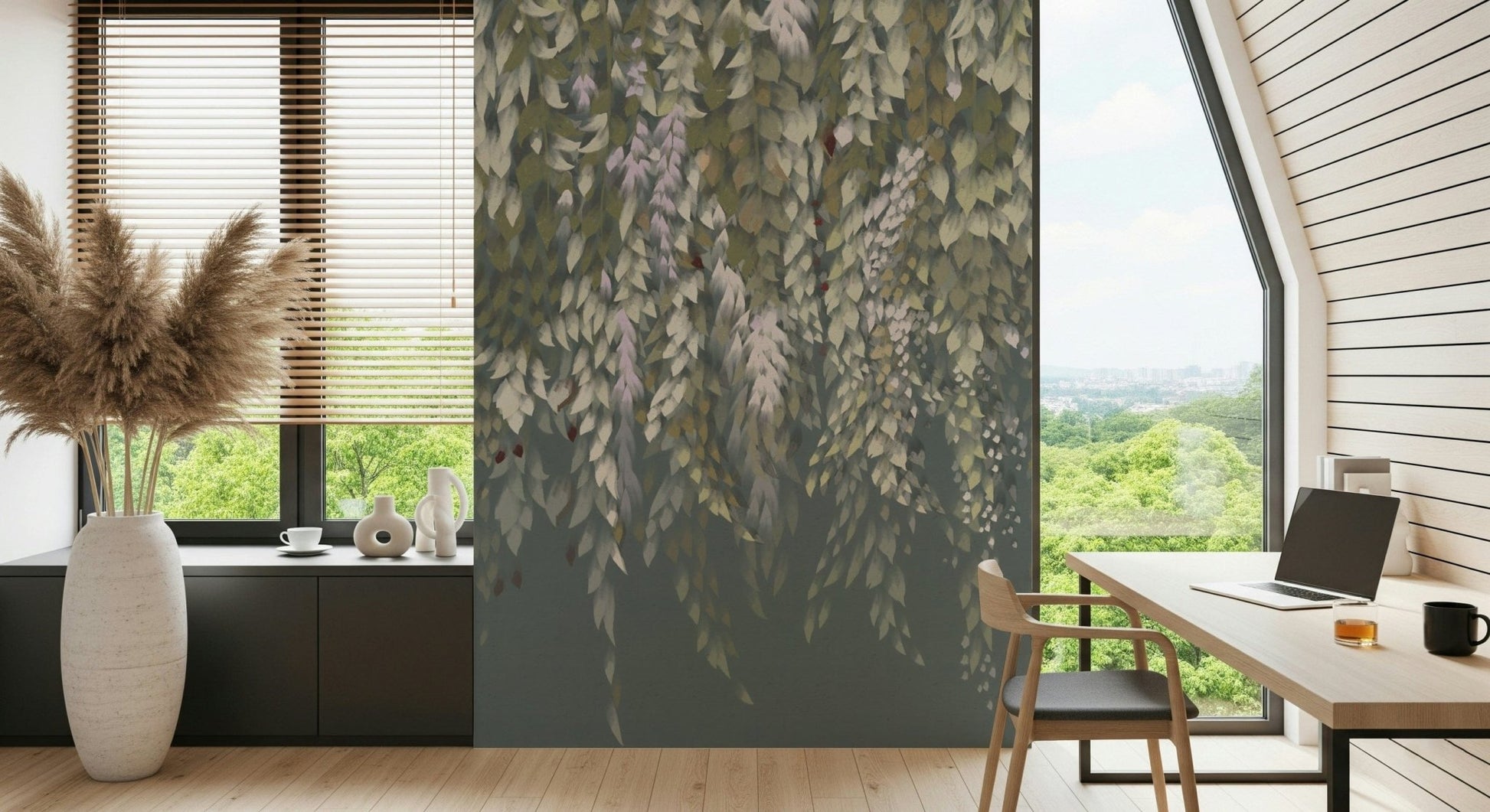 Cascading Wisteria Dream wall mural on slate behind a wood desk and chair in a home office