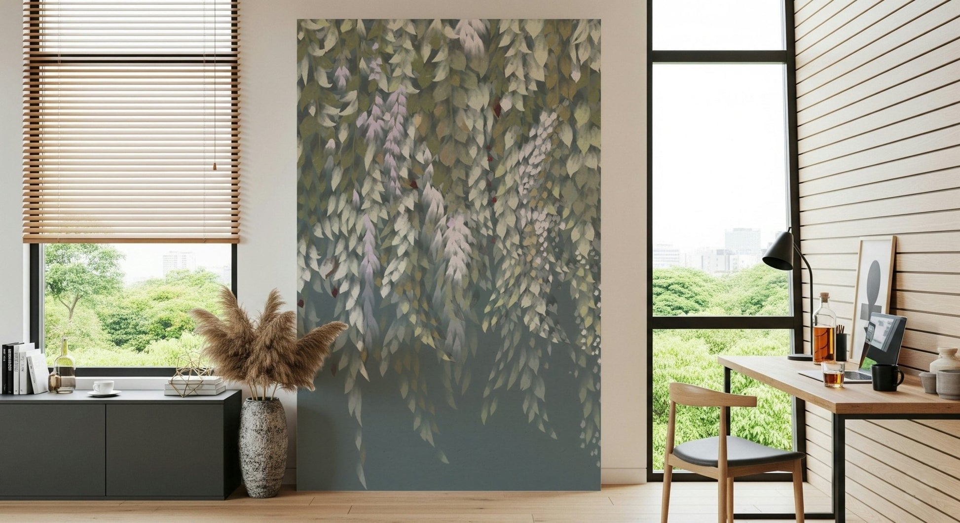 Cascading Wisteria Dream wall mural in green and lilac behind a wood desk in a bright home office