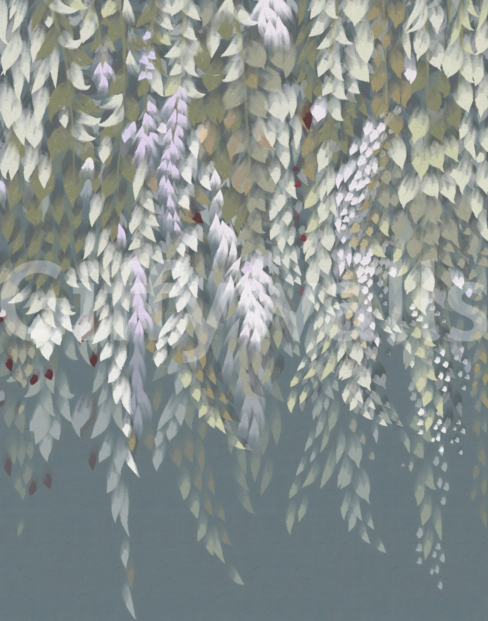 Cascading Wisteria Dream wall mural close-up showing green leaves and lilac blooms on a slate-blue background