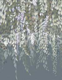 Cascading Wisteria Dream wall mural close-up showing green leaves and lilac blooms on a slate-blue background