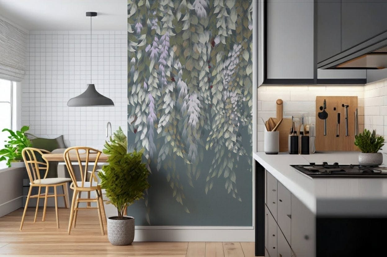 Cascading Wisteria Dream wall mural of trailing leaves on an accent wall in a kitchen dining nook