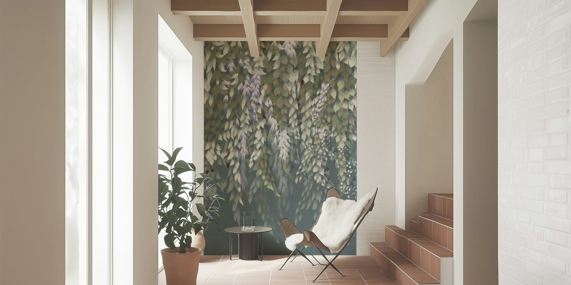 Cascading Wisteria Dream wall mural of leaves on slate behind a sling chair in a sunlit hallway