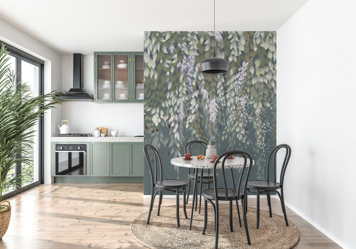 Cascading Wisteria Dream wall mural behind a terrazzo dining table and green kitchen cabinets