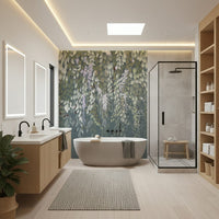 Cascading Wisteria Dream wall mural on slate behind a freestanding tub in a spa-like bathroom