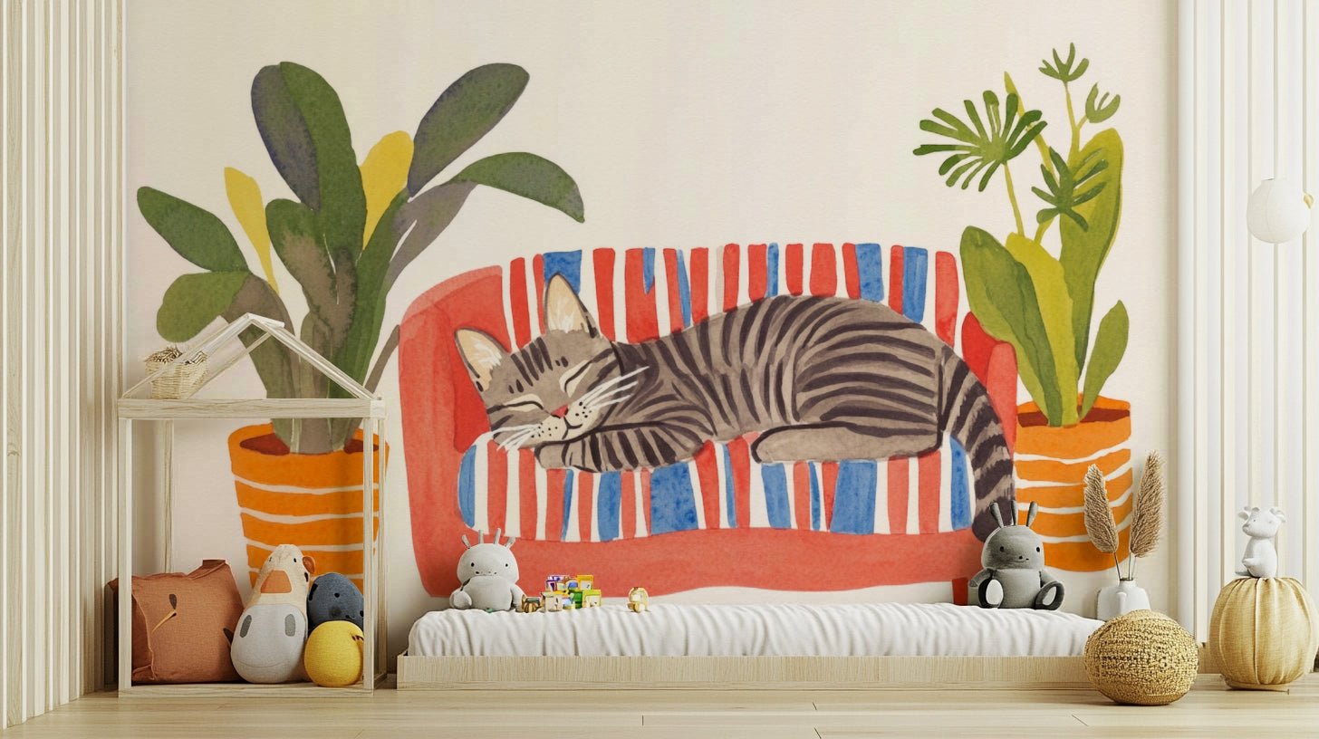 Peaceful bedroom with Cat Nap Oasis wall design

