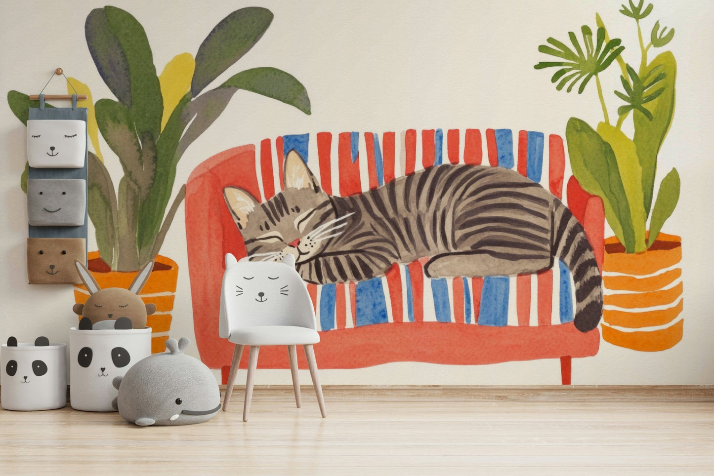 Watercolor-inspired mural of cat resting in comfort


